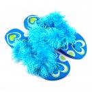 Turquoise feathered flip-flops.