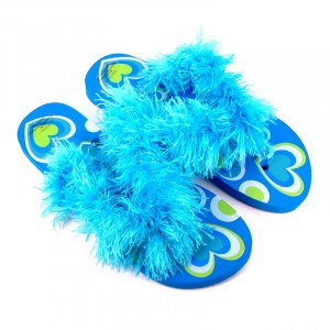 Turquoise feathered flip-flops.