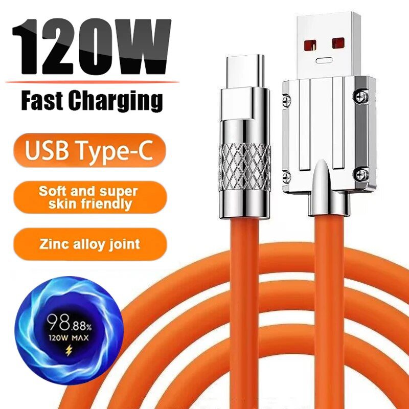 120W 6A Super Fast Charge 1M USB-C Silicone Cable for Huawei, Samsung, Xiaomi