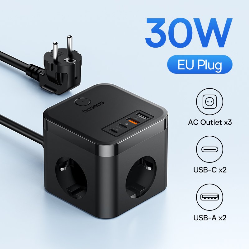 Baseus 30W GaN Power Strip with Surge Protection 3 AC Outlets & 4 USB Ports for iPhone & Tablets
