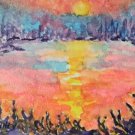Summer Sunset Lake ACEO Art Card 2.5" x 3.5" Original Watercolor Painting Landscape