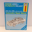 1981 - 89 Dodge Aries Plymouth Reliant Repair Manual K Car 82 83 84 85 86 87 88