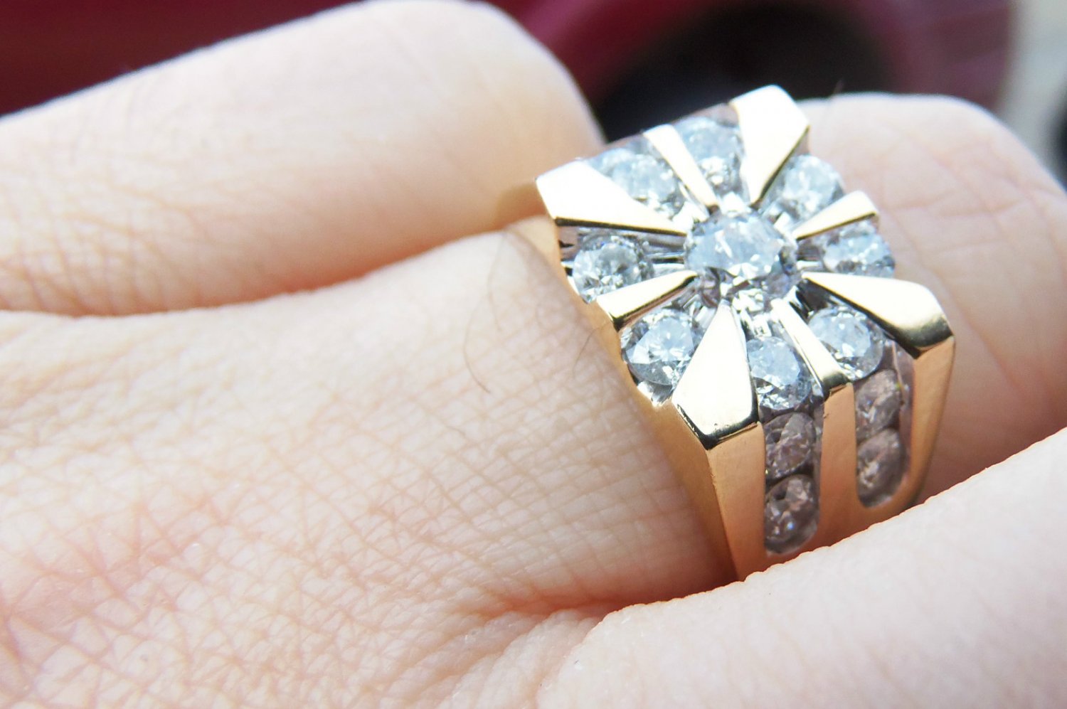 Mens 2 CT Starburst Round Multi Diamond Ring 14k Y Gold Sunburst Sunray 