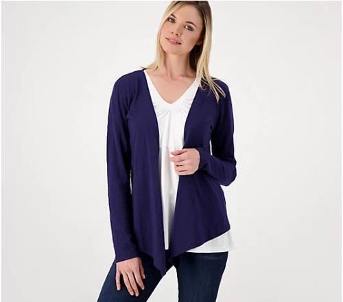 Destination 365 Draped Knit Open Front Long Sleeve Cardigan (Navy, S) A601910