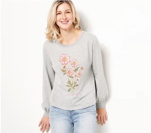 Candace Cameron Bure Pressed Floral Graphic Tee (Lt Heather Grey, XXS) A473212