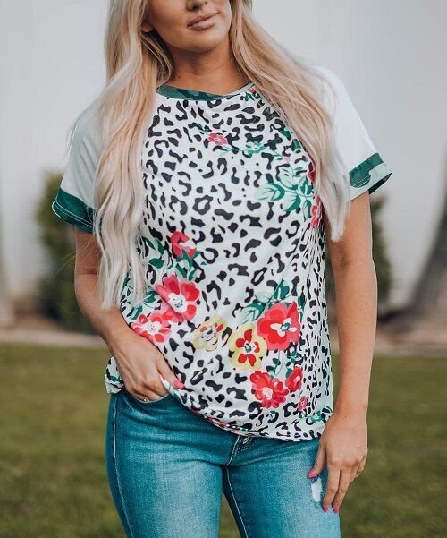 Zesica White & Black Leopard Mixed Print Floral Crew Neck Raglan Tee (Medium)