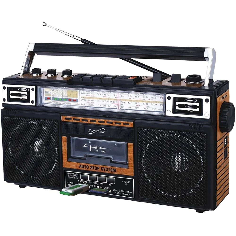Supersonic SC-3201BT-WD 4-Band Bluetooth Radio & Cassette Player Boombox - Wood