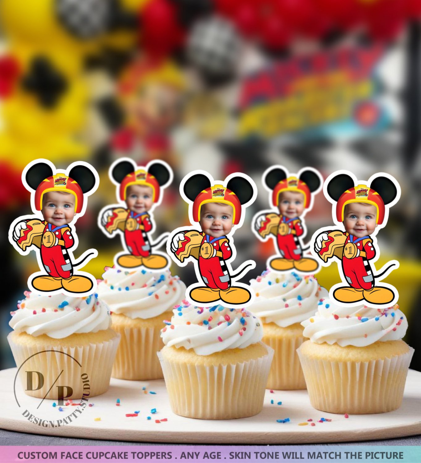 Mickey Mouse Roadster Racer Cupcake Toppers - Face cupcake topper -Custom Face- Birthday party