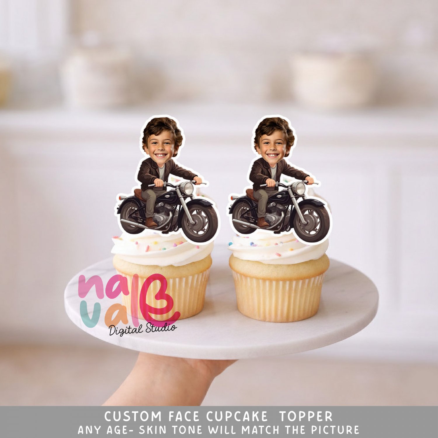 Motorcycle Rider Custom Face Cupcake Toppers &acirc;�� Birthday Photo Adventure Digital File