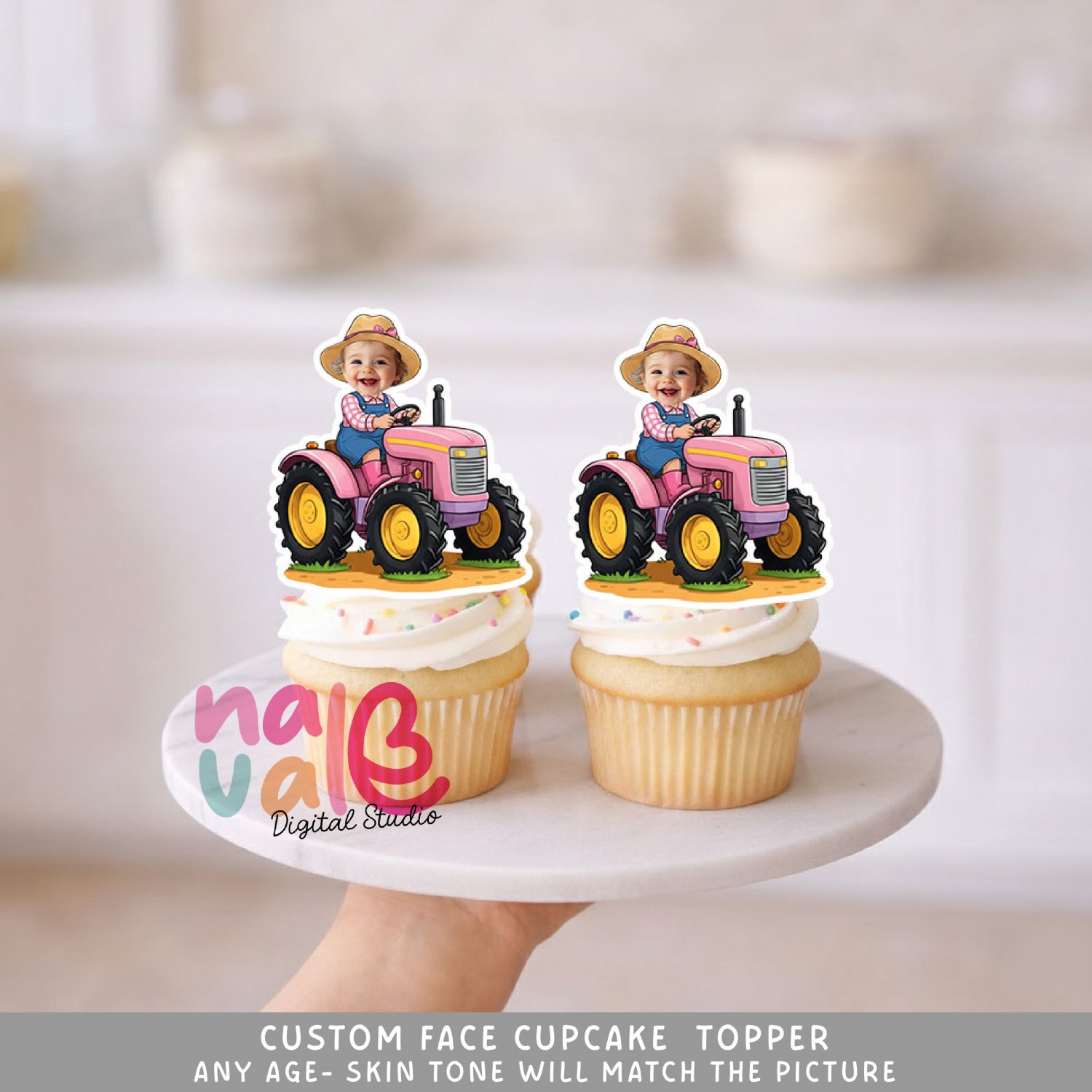 Pink Farm Life Custom Face Cupcake Toppers &acirc;�� Tractor Driving Country Girl Digital File