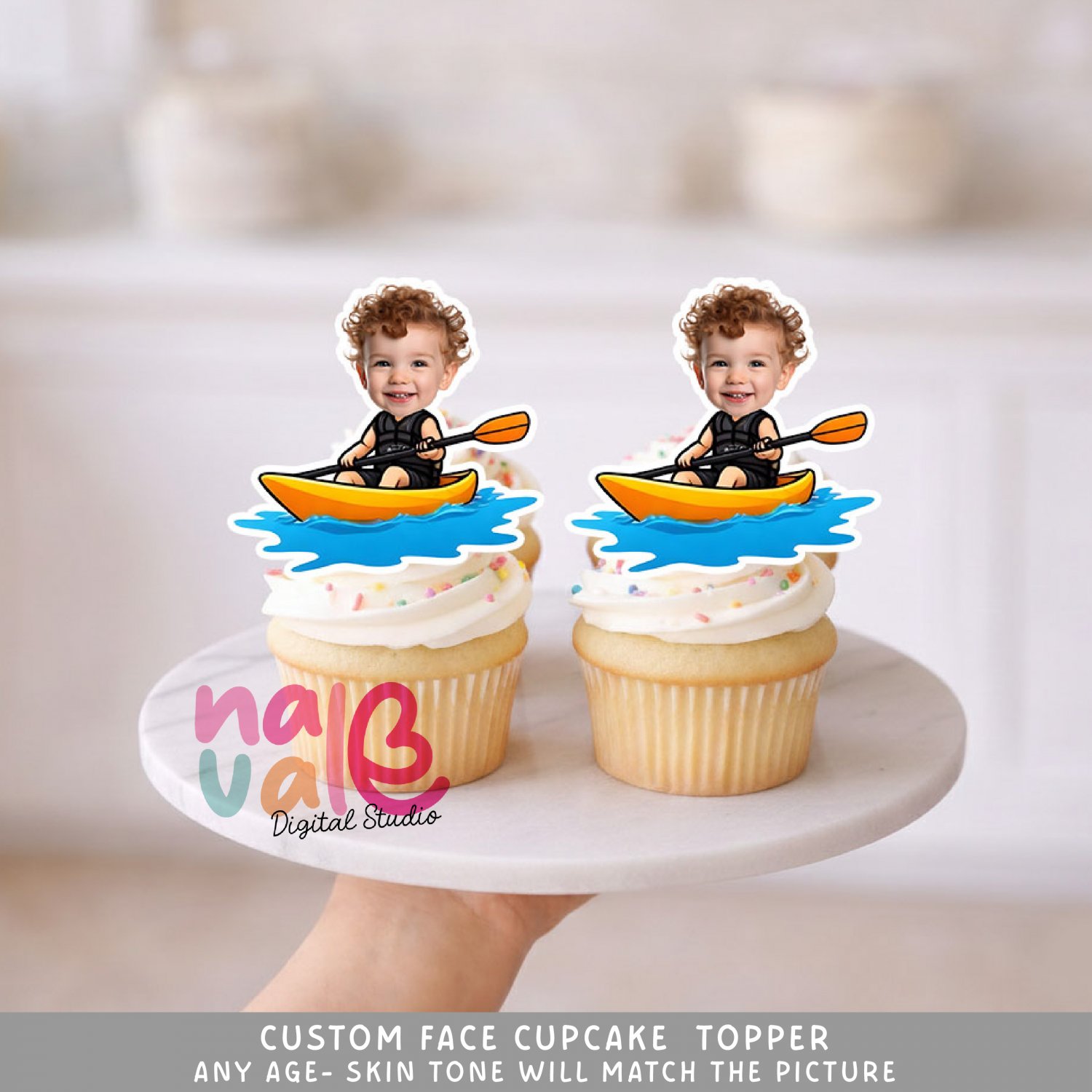 Kayak Adventure Custom Face Cupcake Toppers &acirc;�� Water Sports Photo Theme Digital File