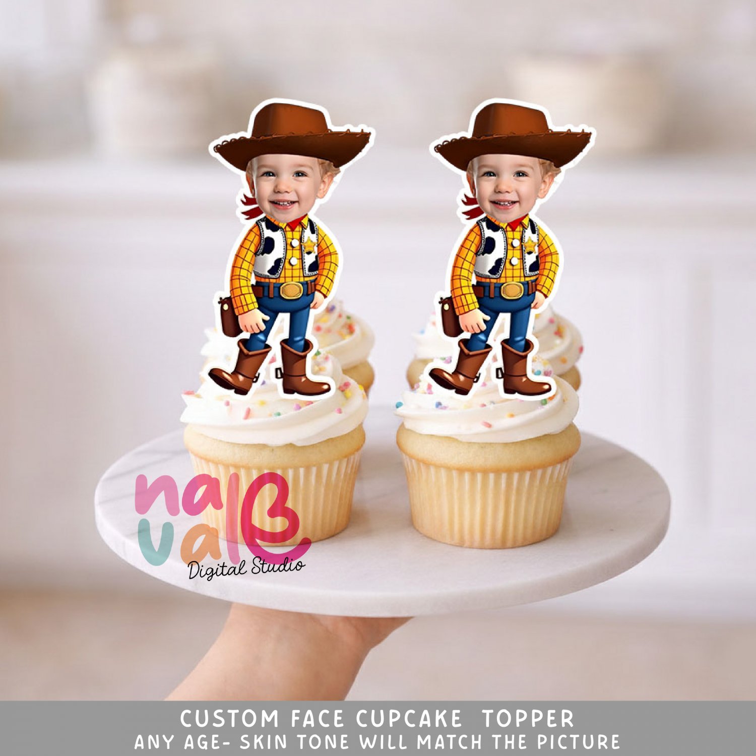 Toy Story Woody Cowboy Custom Face Cupcake Toppers &acirc;�� Desert Star Badge Hero Digital File
