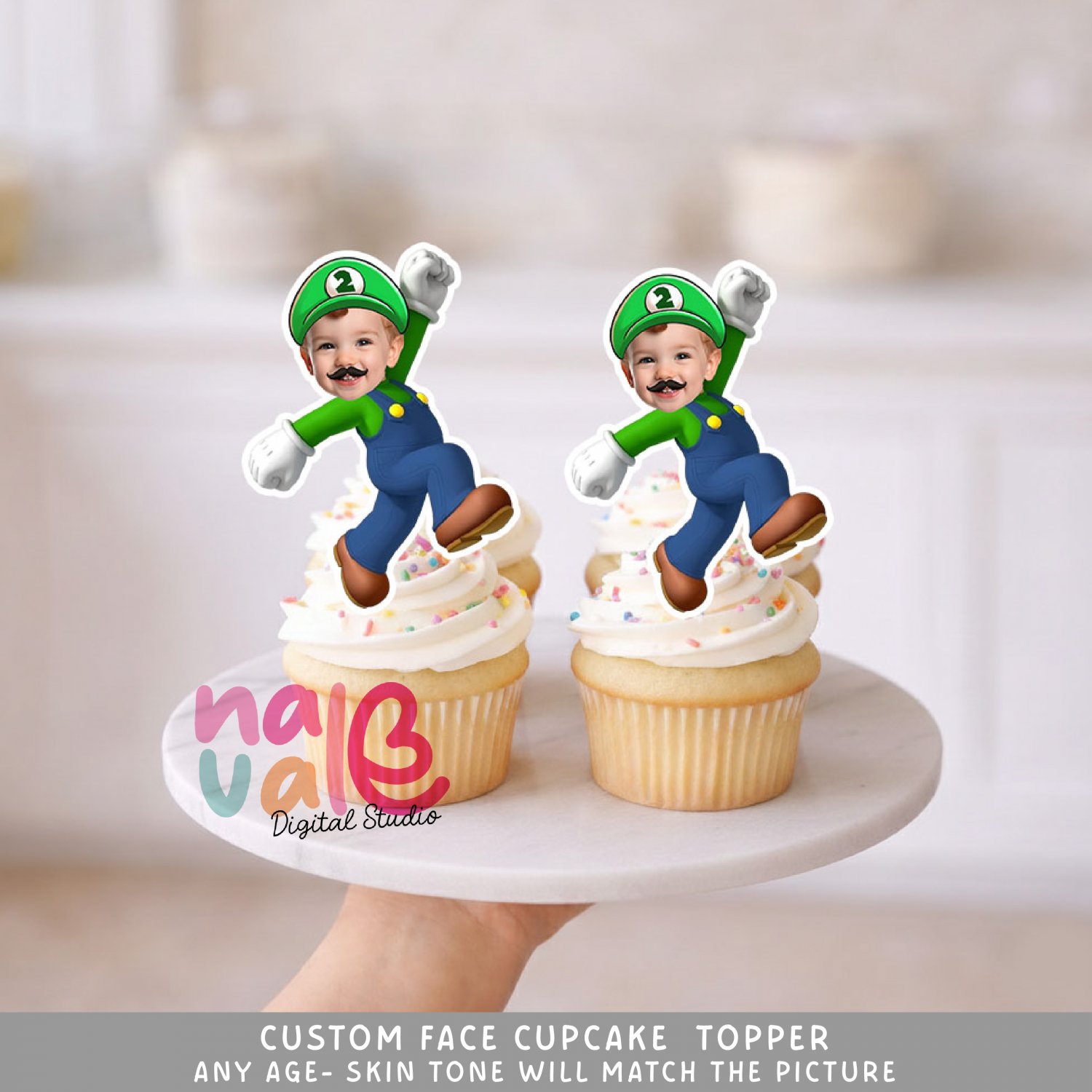 Luigi Green Plumber Custom Face Cupcake Toppers &acirc;�� Jumping Video Game Hero Digital File