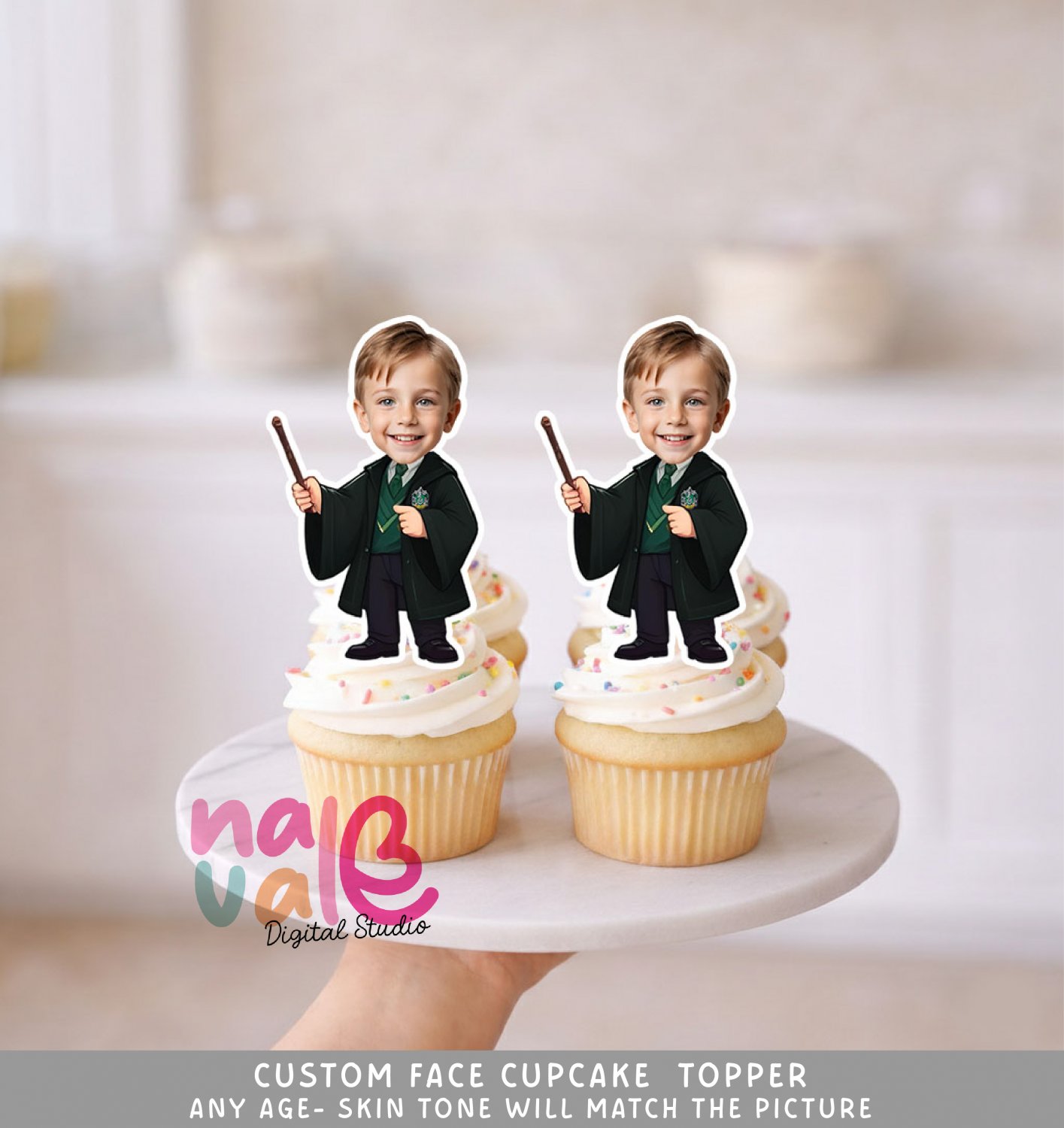 Draco Snake House Wizard Custom Face Cupcake Toppers &acirc;�� Green Silver Theme Digital File