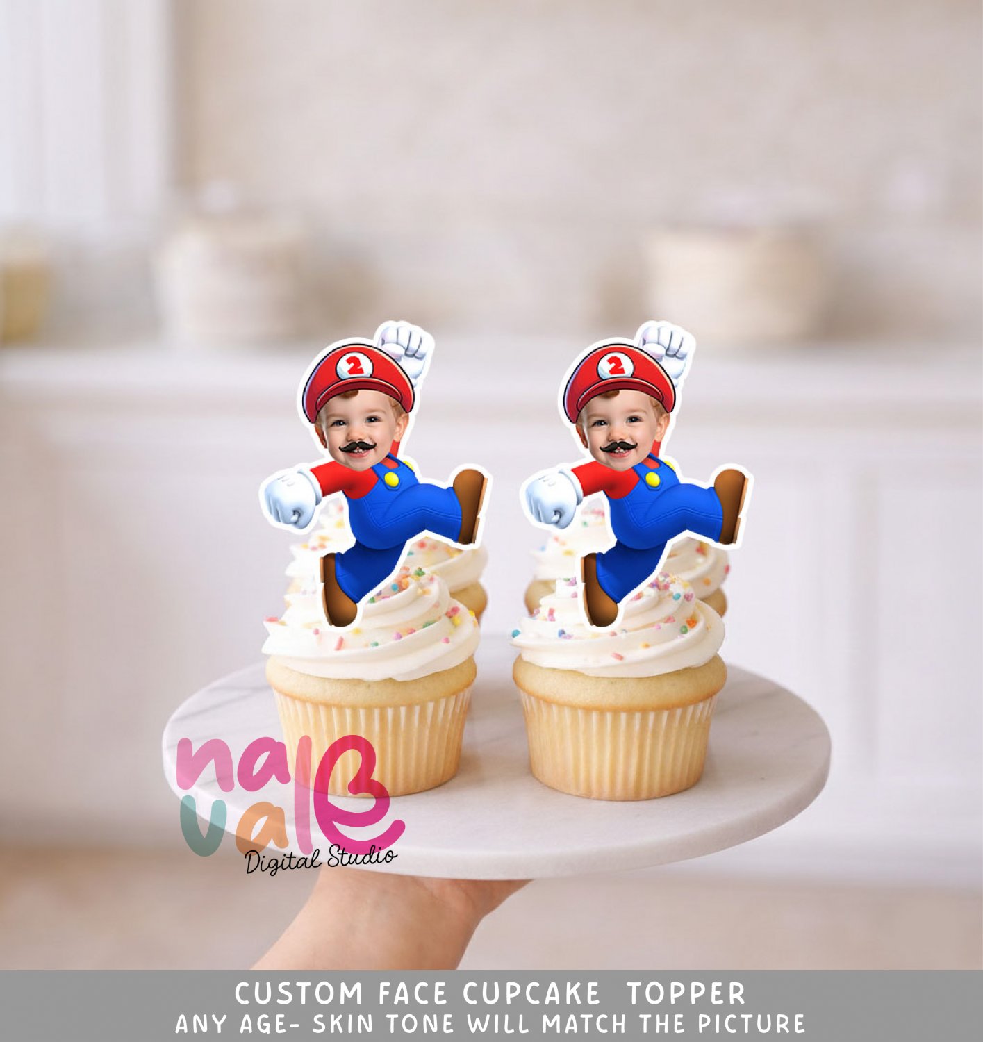 Mario Jumping Plumber Custom Face Cupcake Toppers &acirc;�� Red Cap Mushroom Theme Digital File