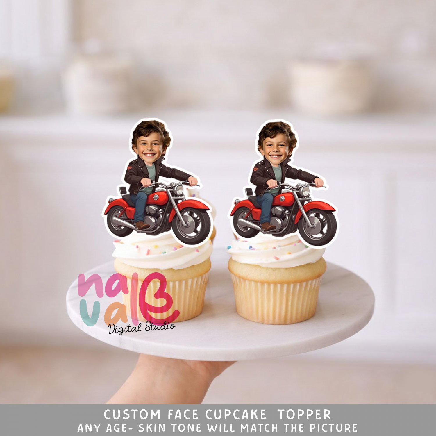 Motorcycle Birthday Custom Face Cupcake Toppers &acirc;�� Biker Rider Theme Digital File