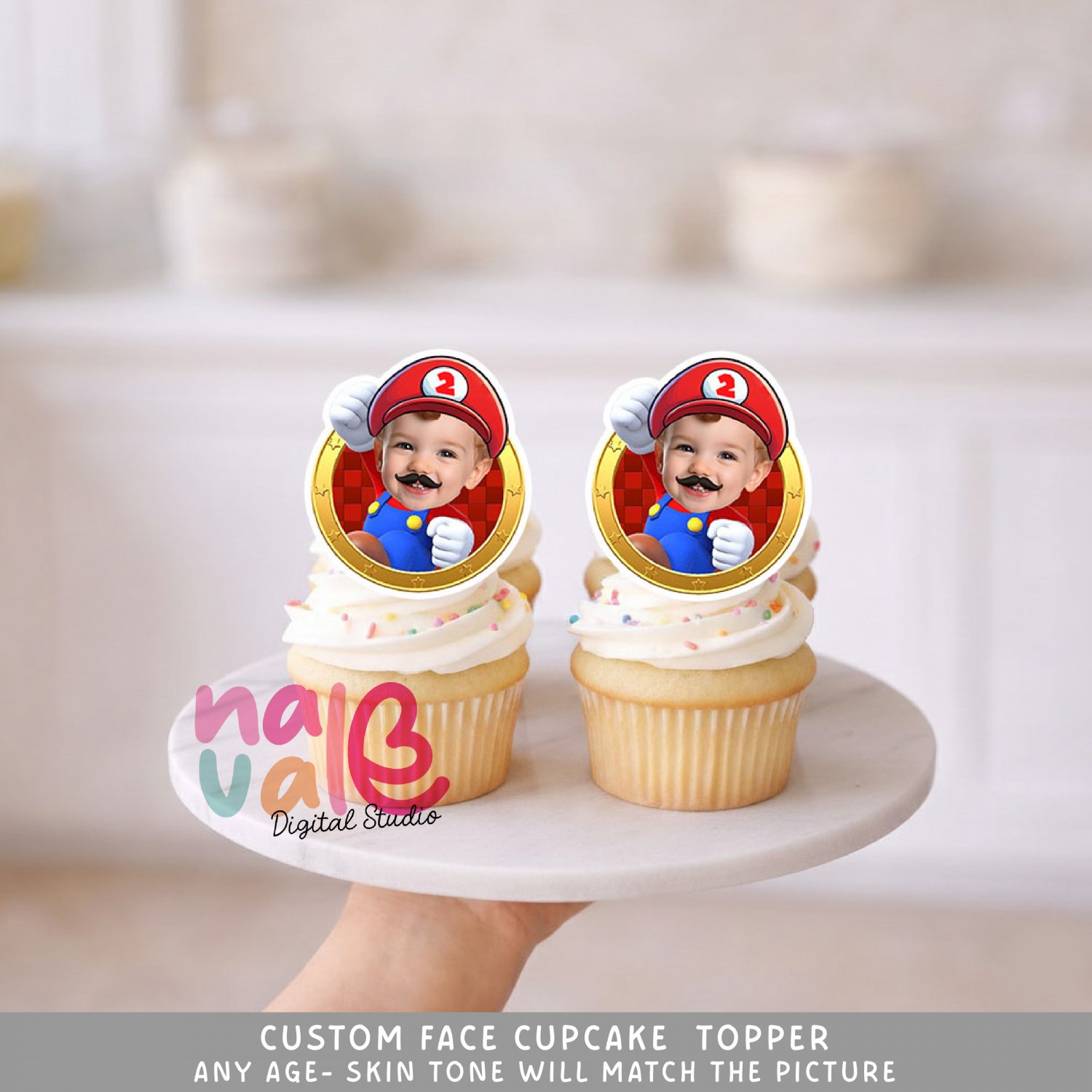 Mario Video Game Round Custom Face Cupcake Toppers &acirc;�� Red Plumber Retro Theme Digital File