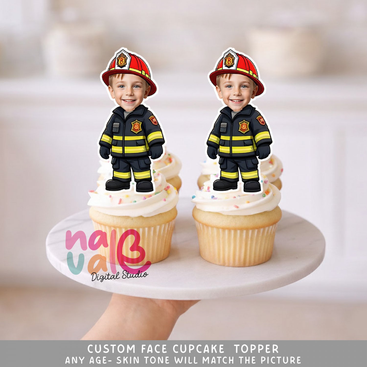 City Firefighter Custom Face Cupcake Toppers &acirc;�� Black and Yellow Suit Theme Digital File