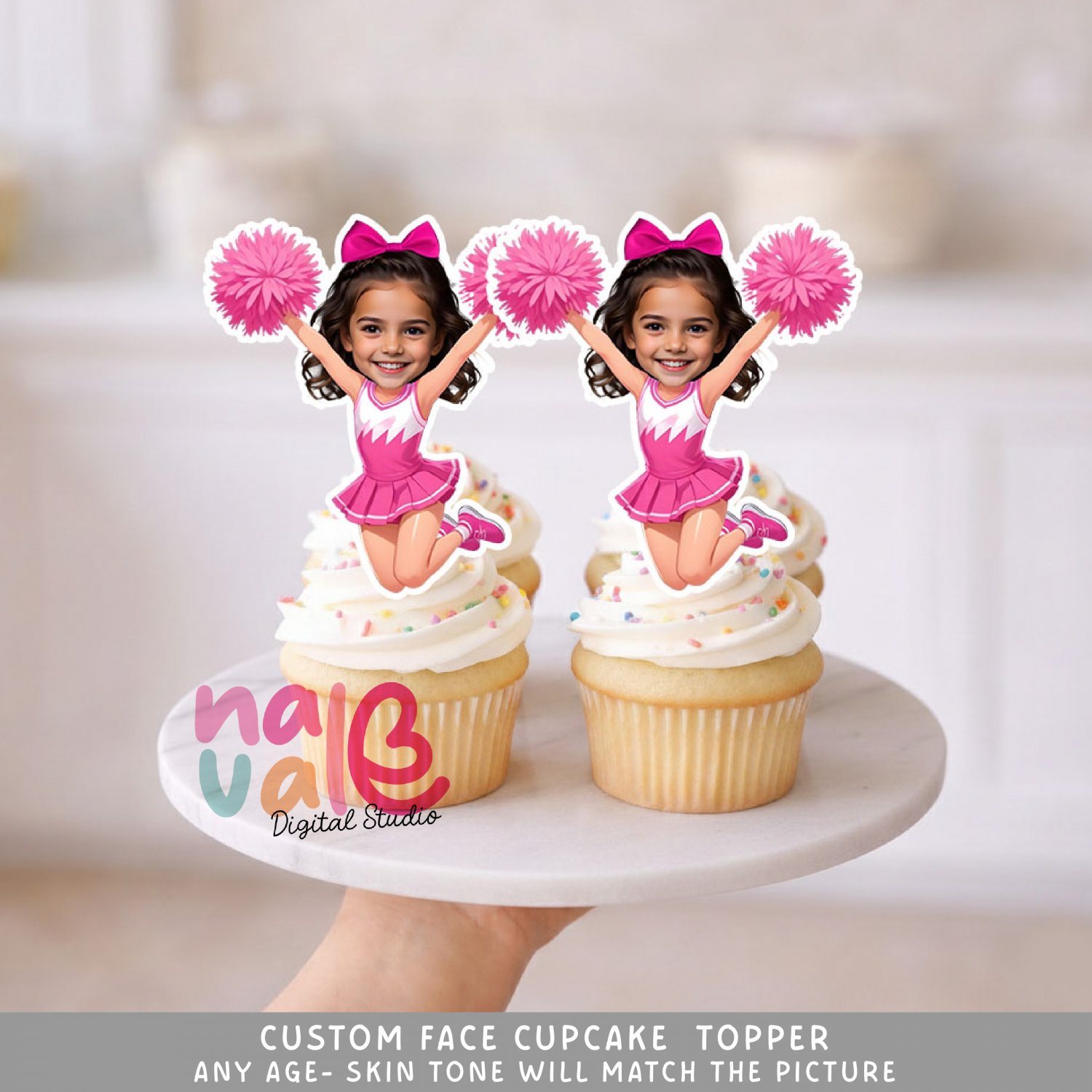 Pink Princess Cheer Custom Face Cupcake Toppers &acirc;�� Magical Spirit Squad Digital File