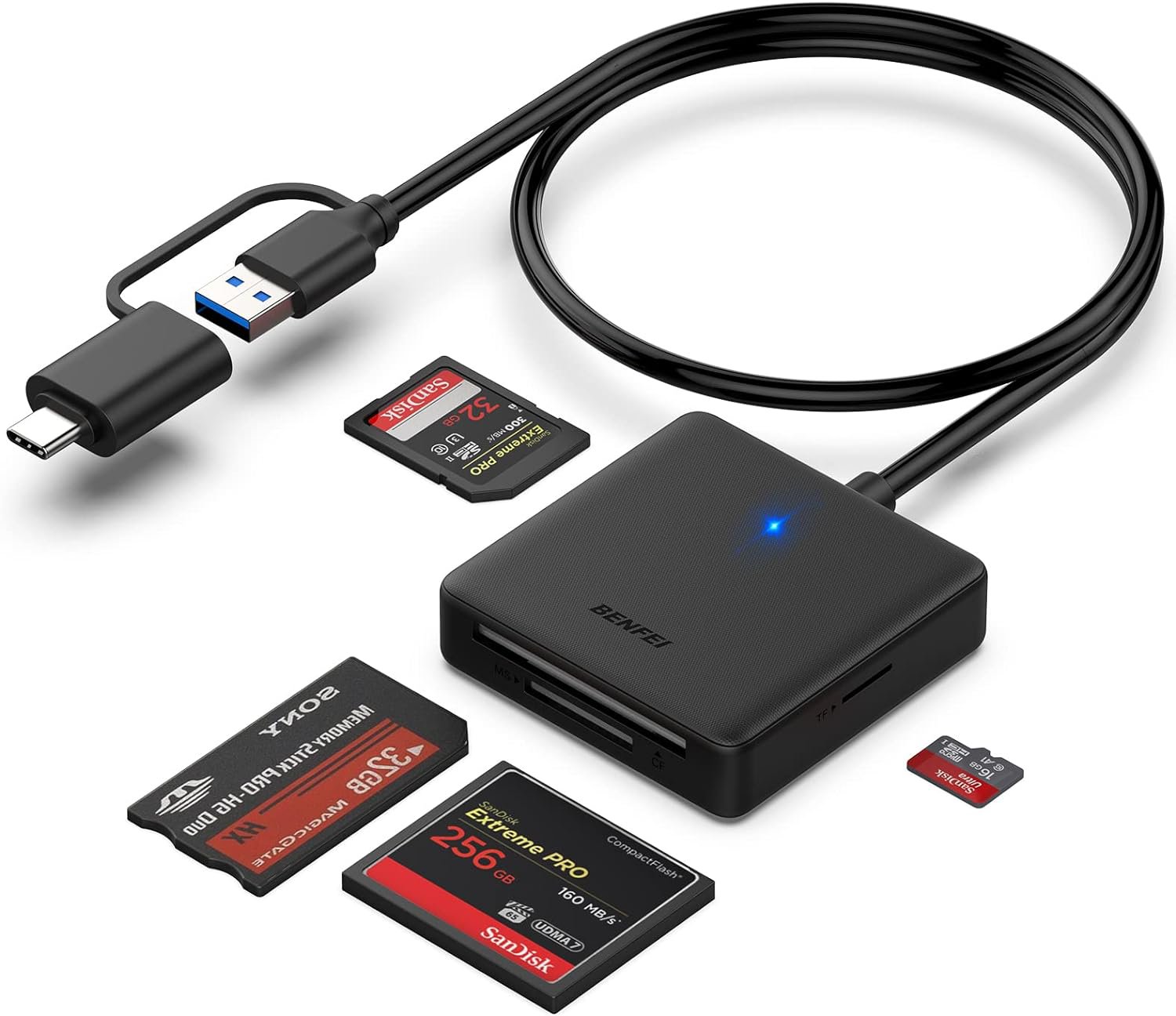 Memory Card Reader, BENFEI 4in1 USB USB-C to SD Micro SD MS CF Card Reader Adapter