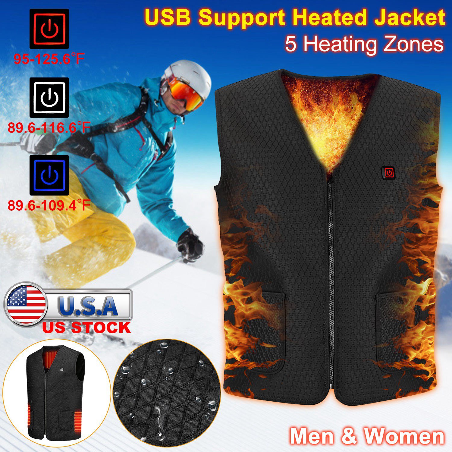 Heat Jacket Vest 3 Heating Gear Adjustable USB Heated Vest Warm Heat Coat Vest w/ 5 Heating Zones