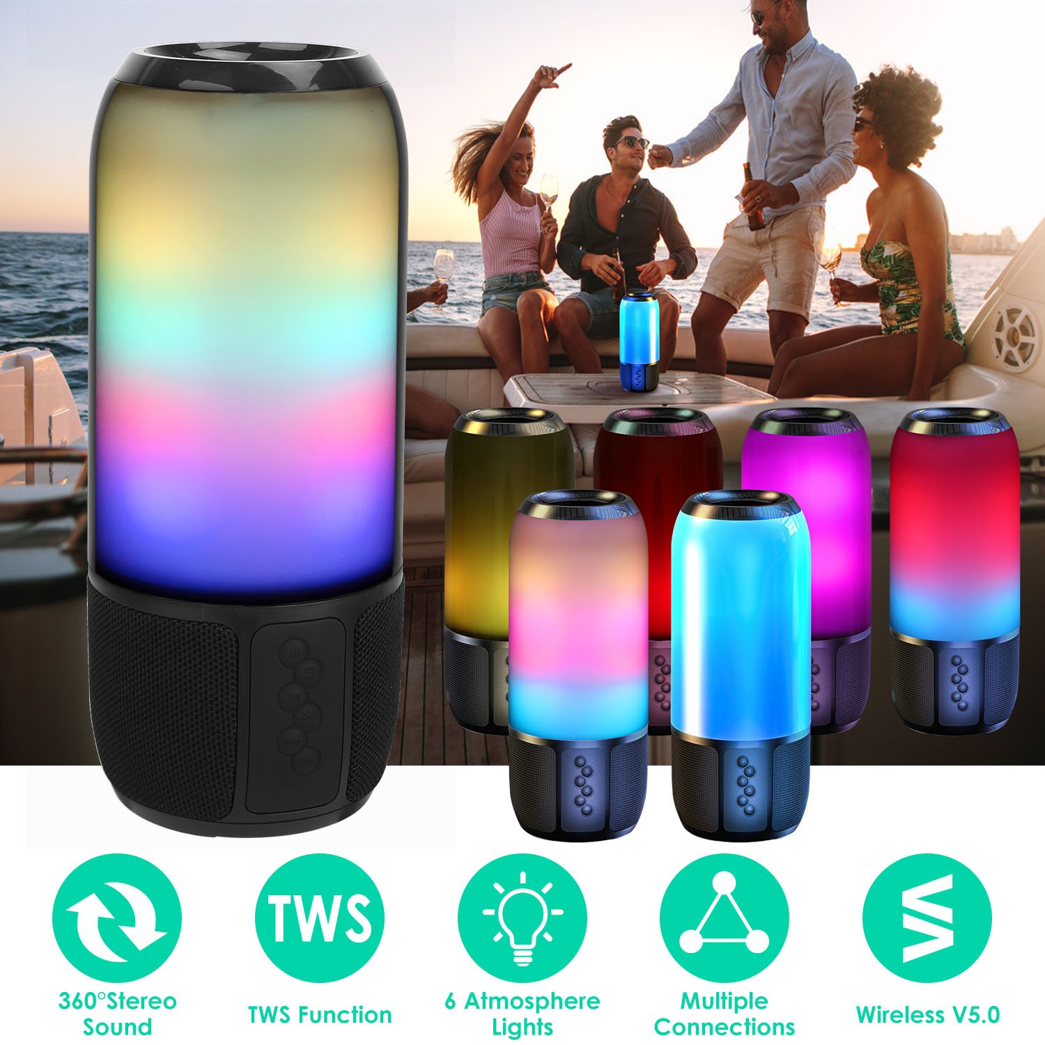 Wireless Portable Speaker Loud Stereo Speaker with 6 Color Changing Lights