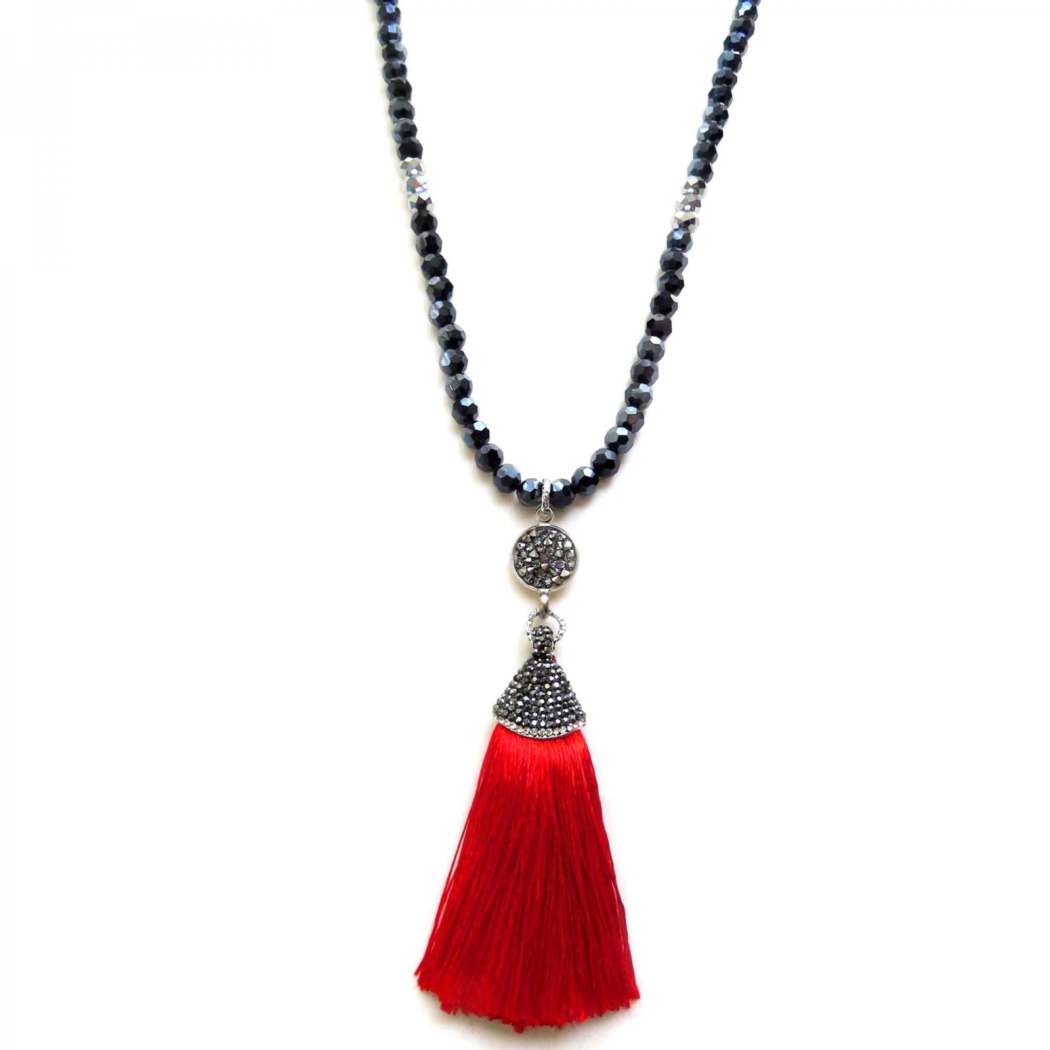 Handmade Red tassel & silver Swarovski crystals pendant, silver gray crystals Necklace