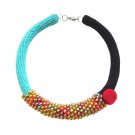 Handmade Azure & Black cotton thread, colorful beads knitted necklace