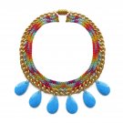 Handmade knitted colorful cotton cord & plastic droplets turquoise necklace