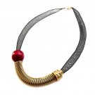Handmade Black mesh tube, coil & ring 24k gold plated and red wooden bead necklace Handmade Black mesh tube, coil & ring 24k gold plated and red wooden bead necklace