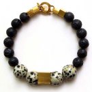 Handmade Agate mottled gemstone, black lava stones & 24k gold plated square beads bracelet