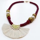 Handmade burgundy ruby gemstones beads, White tassels pendant necklace