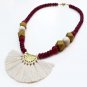 Handmade burgundy ruby gemstones beads, White tassels pendant necklace