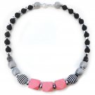 Handmade Pink wooden beads, silvery crystals & black beads necklace
