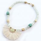Handmade Cream cat's eye gemstone beads, White tassels pendant necklace