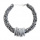 Handmade Black & white cotton fabric tube silver rings necklace