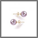 Lavender 8mm Japanese Freshwater AAAA Cultured Pearl Earrings W/ 14K Solid Yellow Studs Comes W/ COA