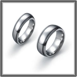 His/Her Matching  Domed Tungsten Carbide Wedding Band 2 Thin Black Ceramic Inlay, Polished Finish