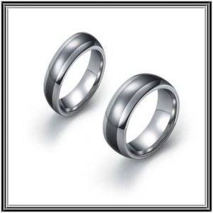 His/Her Matching Stylish Domed Tungsten Carbide Wedding Band W/ Black Ceramic Inlay, Polished Finish