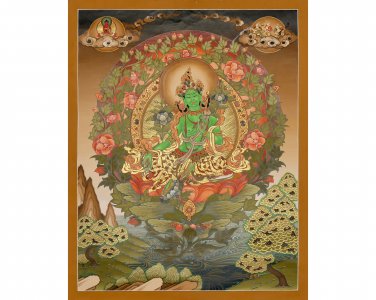 Hand-Painted Green Tara Thangka with 24k gold&acirc;�� A Tibetan Artwork-Goddess of Compassion-A84025