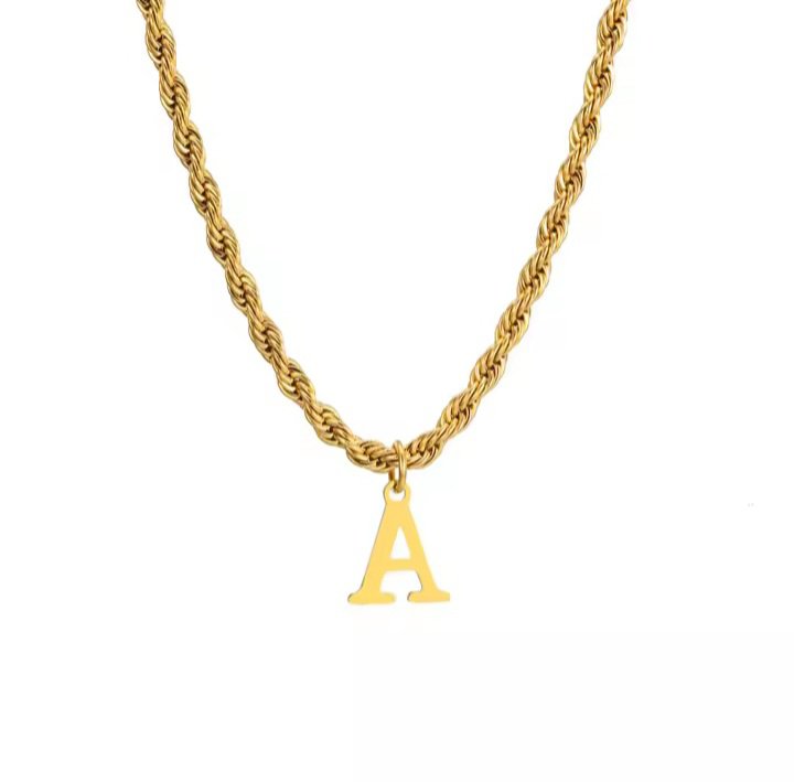 Initial Letters Necklace for Men ,boys A-Z 26 Alphabet Charm Pendant Twisted Rope Gold Chain