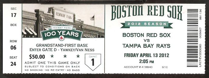 TAMPA BAY RAYS BOSTON RED SOX FENWAY 100th OPENING DAY TICKET 2012 ZOBRIST HR