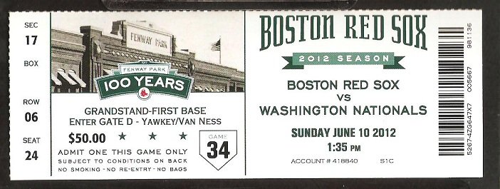 WASHINGTON NATIONALS BOSTON RED SOX 2012 TICKET DAVID ORTIZ HR ZIMMERMANN ESPINOSA