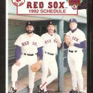 BOSTON RED SOX 1992 POCKET SCHEDULE WADE BOGGS ROGER CLEMENS JEFF REARDON