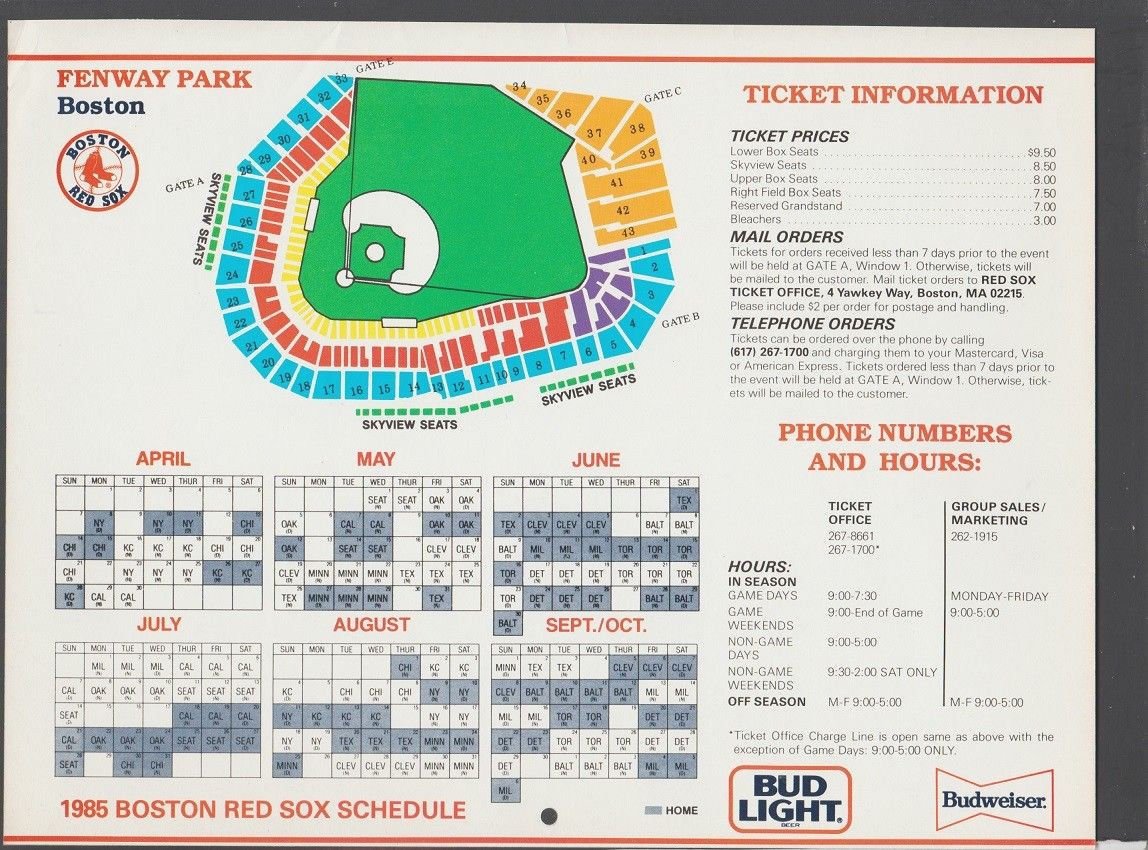 1985 Boston Red Sox Schedule Fenway Park Seating Plan Price Chart 8x10