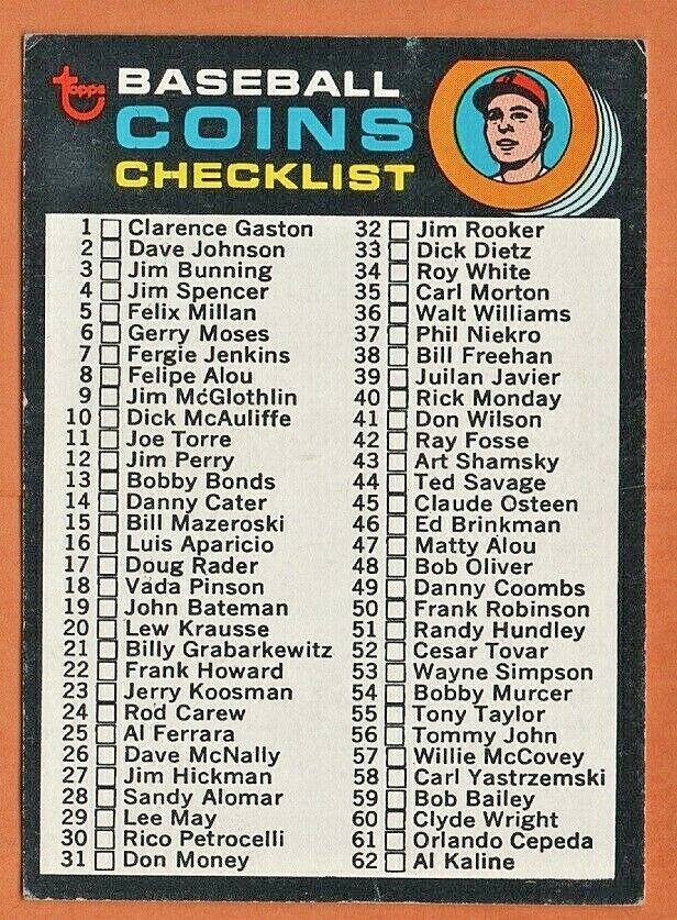 1971 TOPPS BASEBALL COINS CHECKLIST # 161 EX UNMARKED