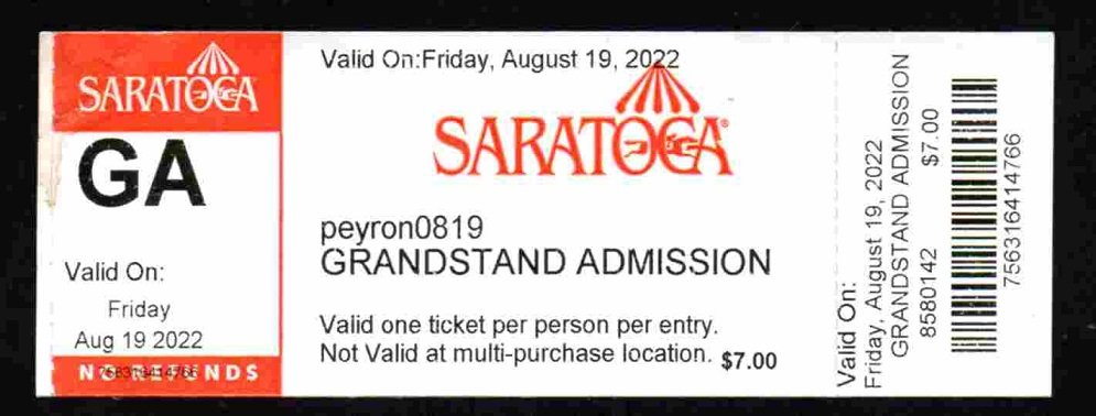 Saratoga Race Course 2022 Grandstand Ticket