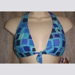 NWT Chica Rica Blue Sq Print Halter Bikini Swim Top L