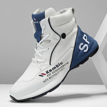 Men&acirc;��s High-Top Sneakers &acirc;�� White & Blue, Non-Slip PVC Sole, Lace-Up, Casual & All-Season Comfort