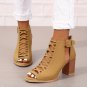 Women&acirc;��s Brown Ankle Boots, Peep Toe, Chunky Heel, Crisscross Straps, Buckle Closure, Summer Pumps
